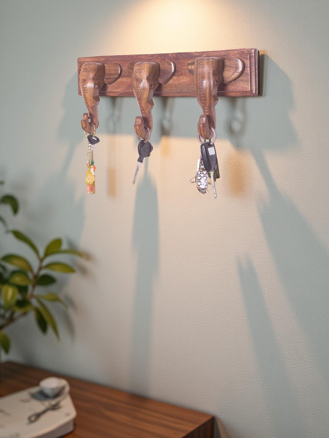 Golden Peacock Elephant Head Brown Wood Natural Living Room Hand-Crafted Small Showpiece - 5.7 Inches