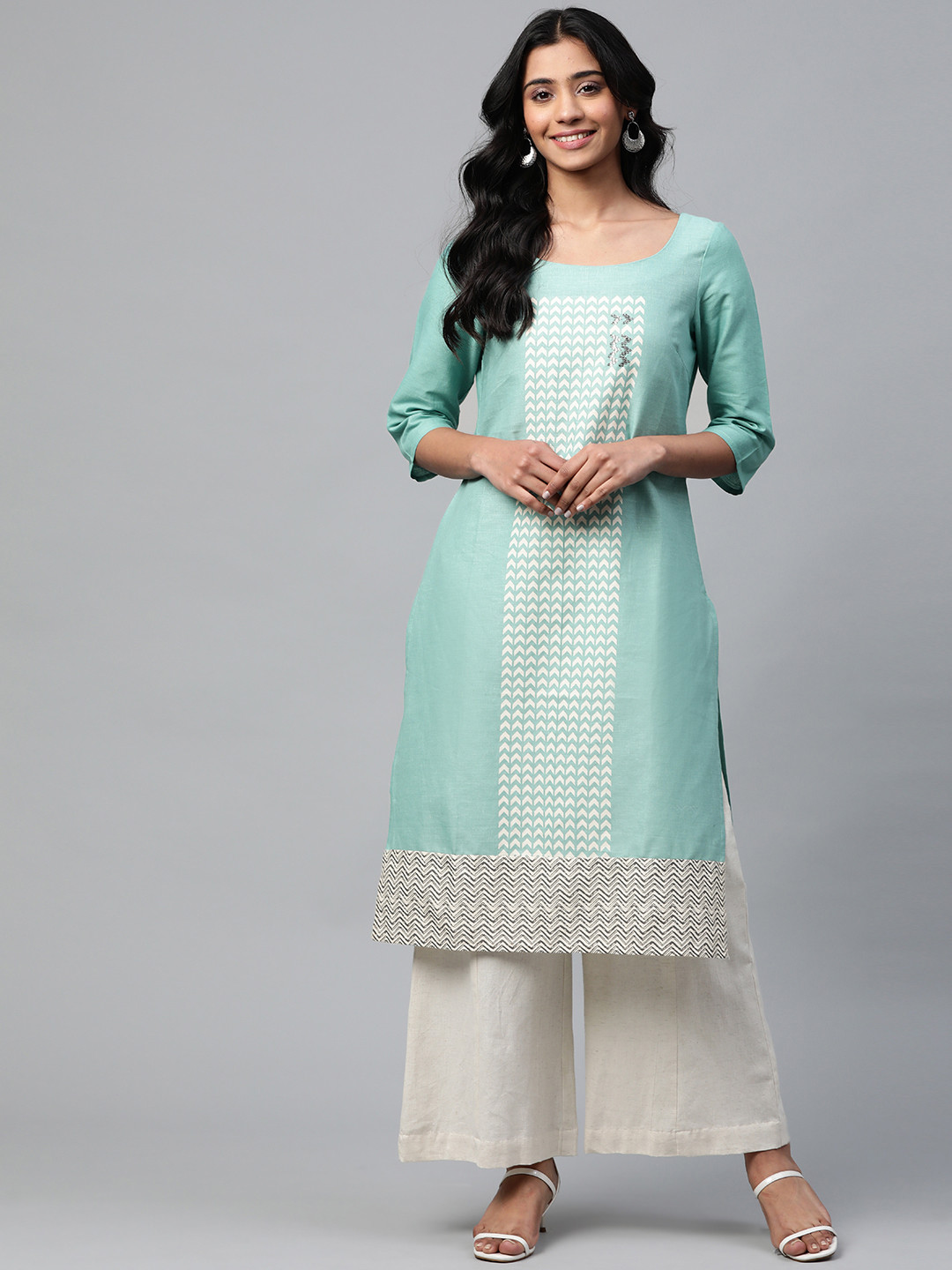 W Women Blue & Off-White Printed Straight Kurta