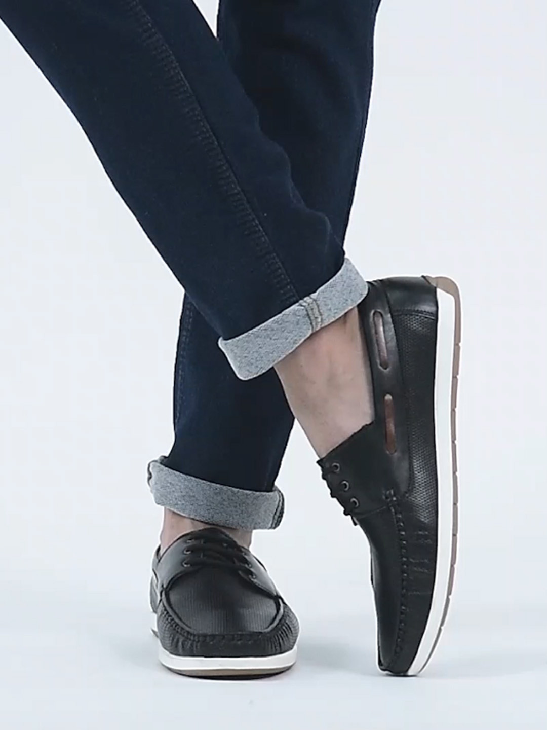 FAUSTO Men Black Boat Shoes