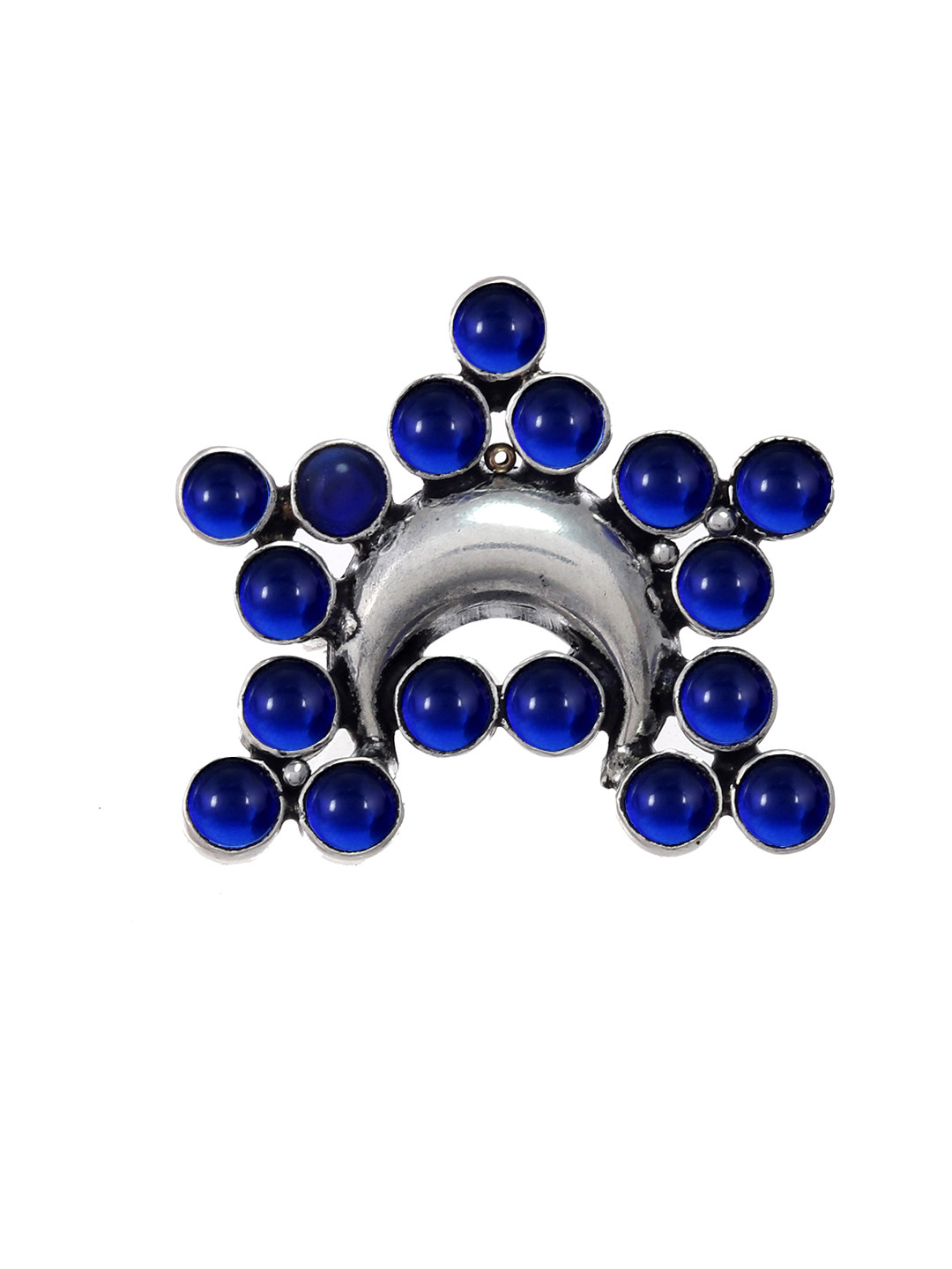 Silvermerc Designs Silver-Toned & Blue Stone-Studded Oxidised Silver Finger Ring