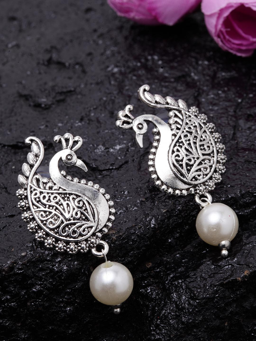 PANASH Silver-Plated Peacock Shaped Drop Earrings
