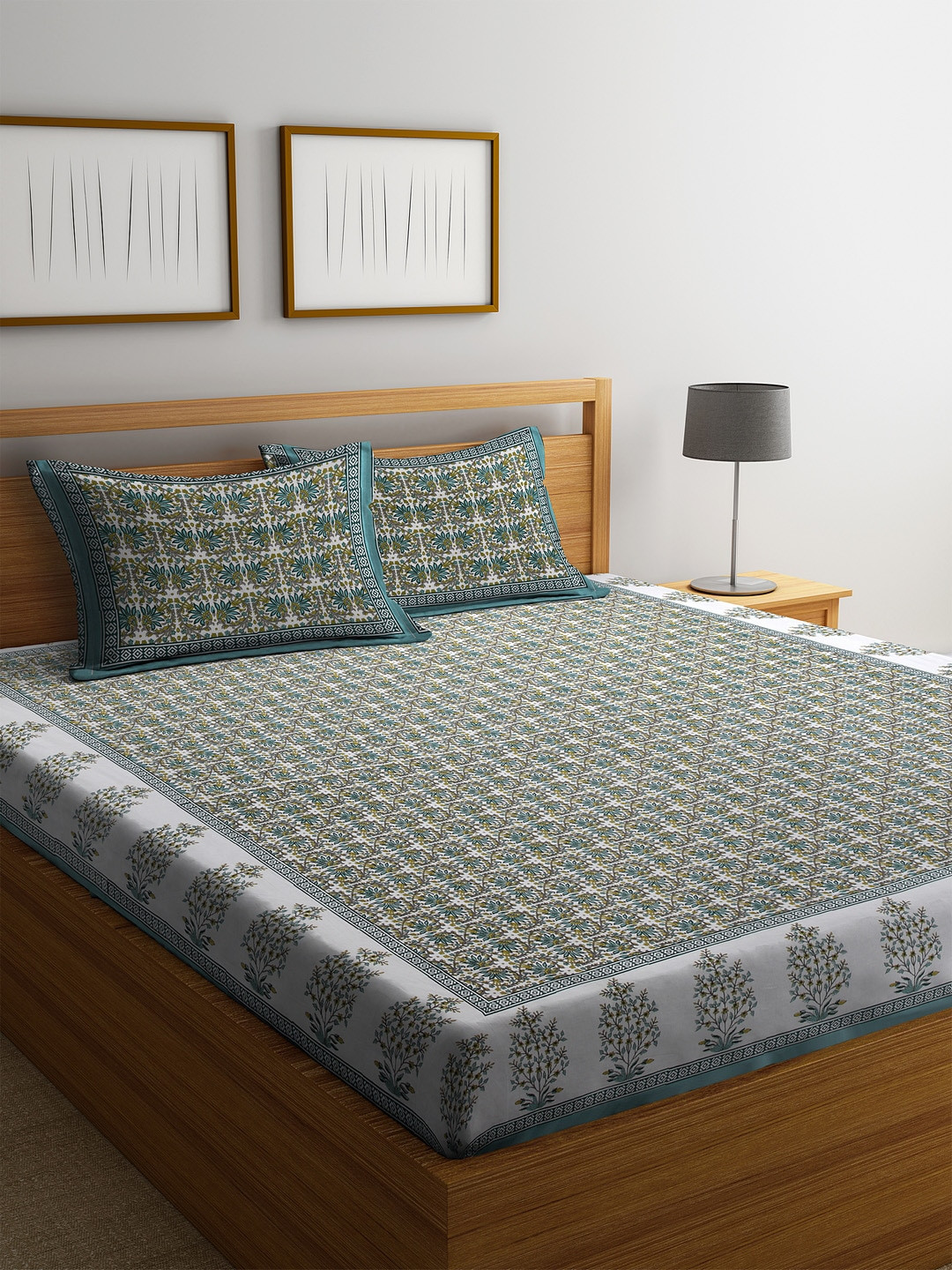 Rajasthan Decor Green Floral Cotton 144 TC King Fine Bedsheet with 2 Pillow Covers-106 x 106 inches