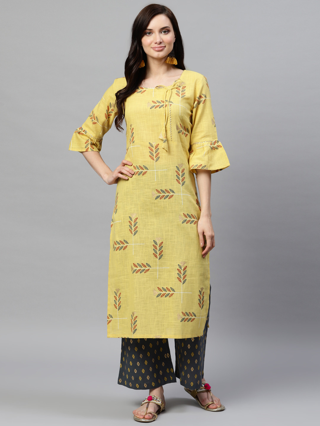 AHIKA Women Yellow & Charcoal Grey Printed Kurta with Palazzos