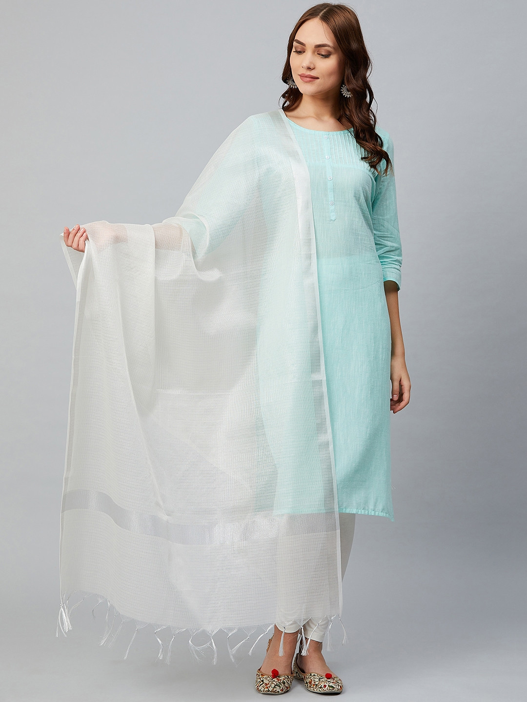 AURELIA Women White & Silver Sheer Yarn Dyed Self Checked Dupatta