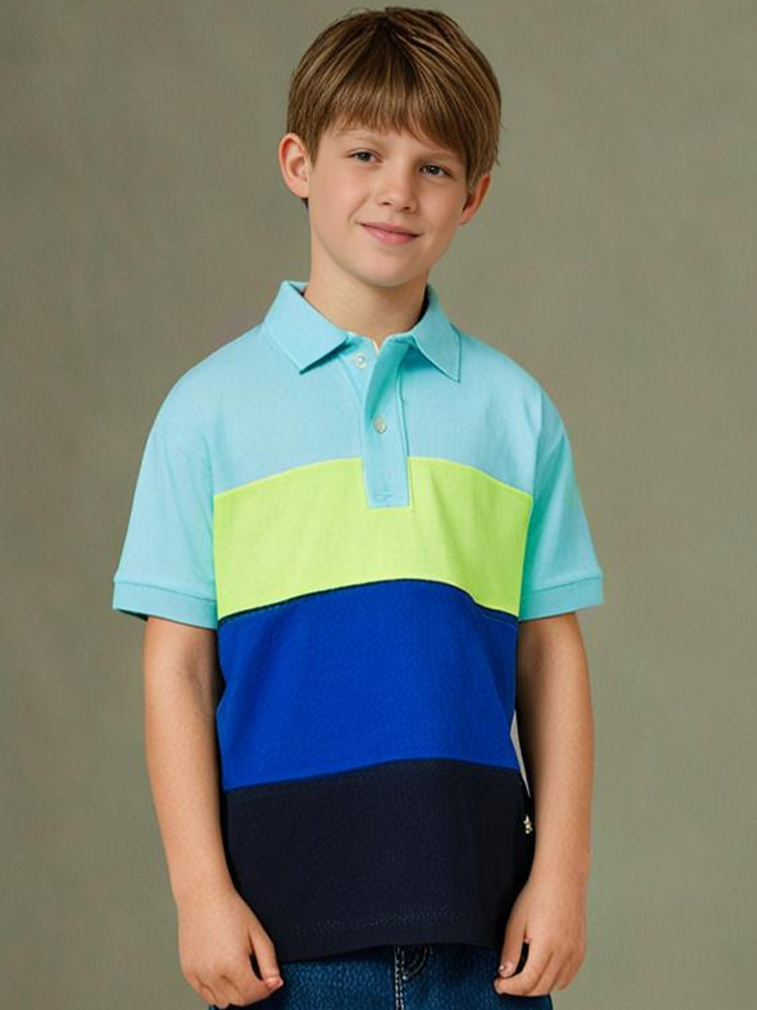Cherry Crumble Unisex Kids Blue Colourblocked Polo Collar T-shirt