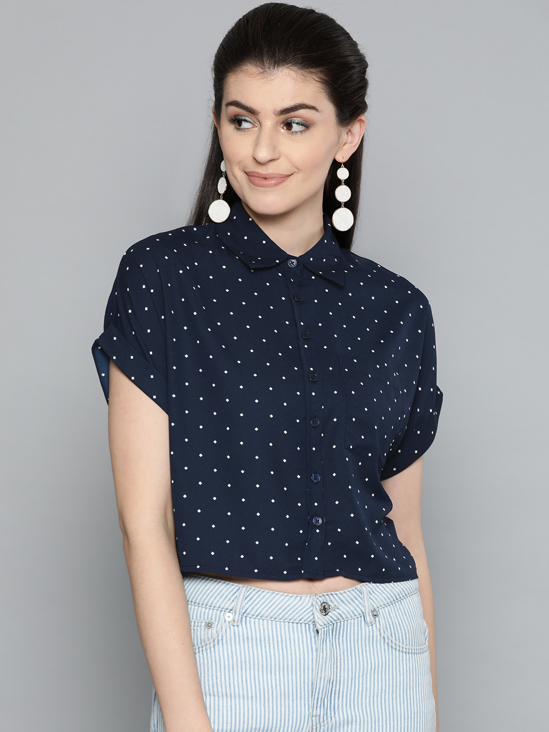 Harpa Women Navy Blue & White Regular Fit Printed Crop Casual Shirt