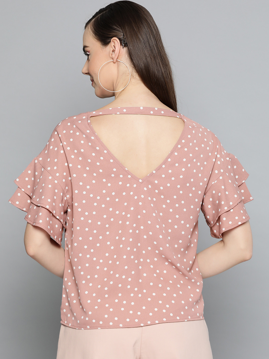 Harpa Women Dusty Pink & White Polka Dot Printed Styled Back Top