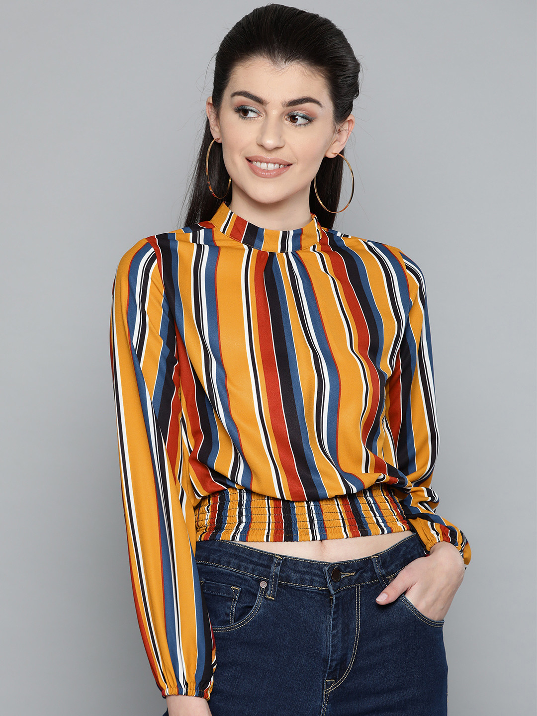 Harpa Women Mustard Yellow & Blue Candy Striped Blouson Top