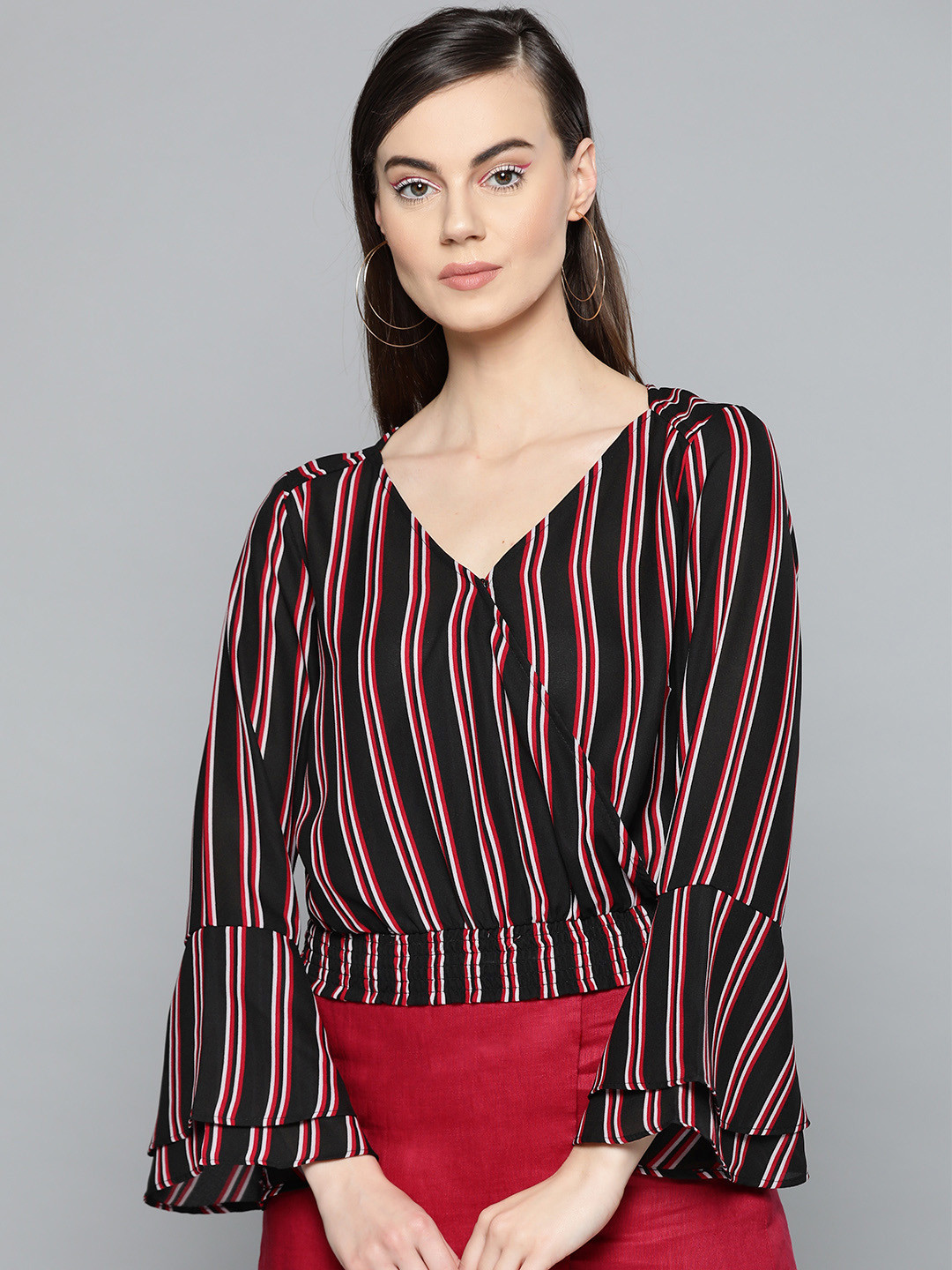 Harpa Women Black & Red Striped Wrap Top