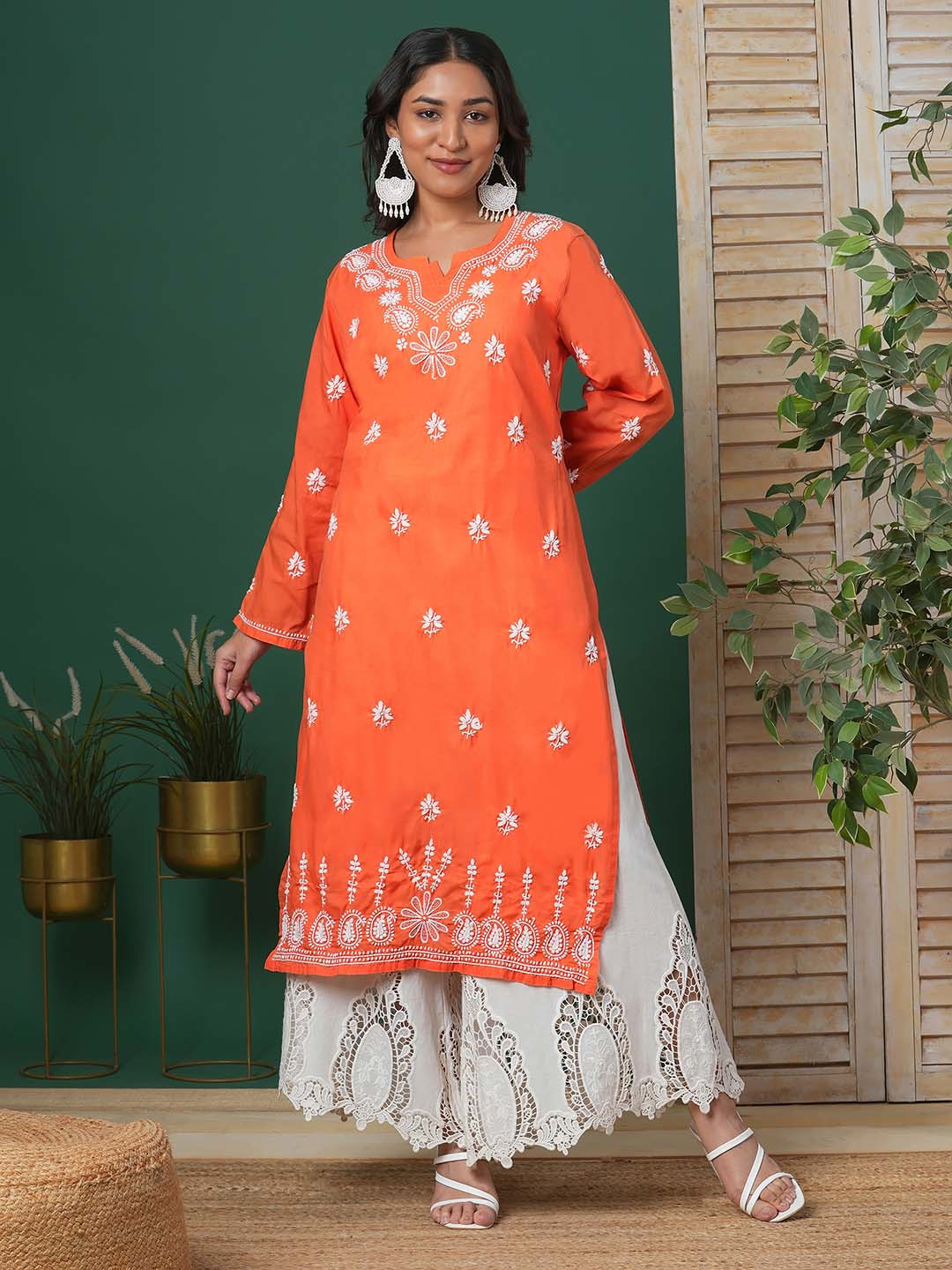 ADA Women Coral Orange & White Chikankari Embroidered Straight  Kurta