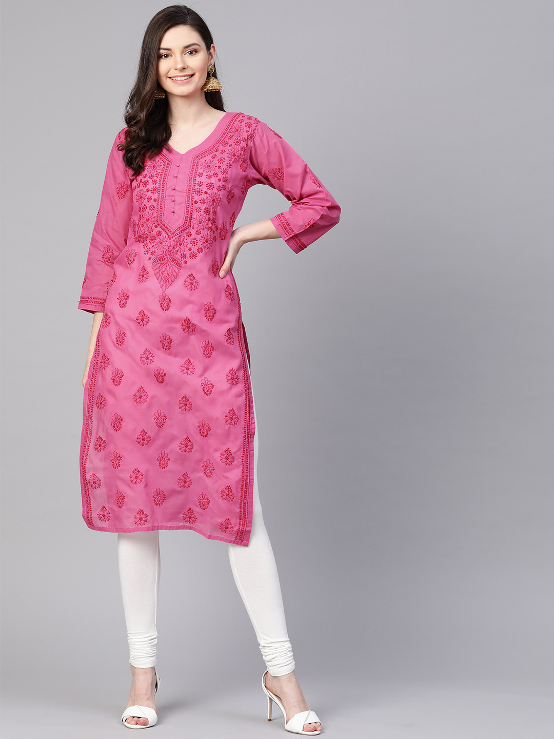 ADA Women Pink Hand Embroidered Lucknowi Chikankari Straight Sustainable Kurta