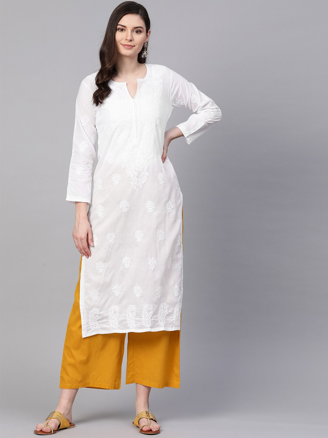 ADA Women White Chikankari Hand Embroidered Sheer Straight  Handloom Kurta