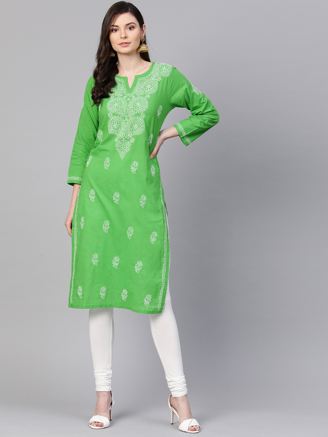 ADA Women Green & White Hand Embroidered Lucknowi Chikankari Straight Sustainable Handloom Kurta
