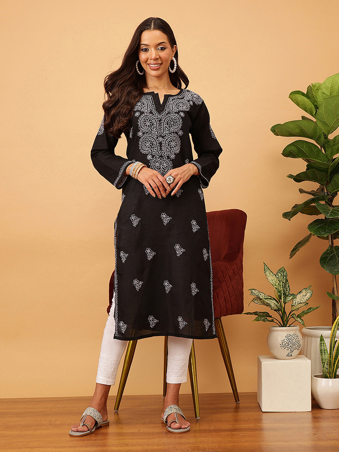 ADA Women Black & White Chikankari Hand Embroidered Straight Sustainable Kurta