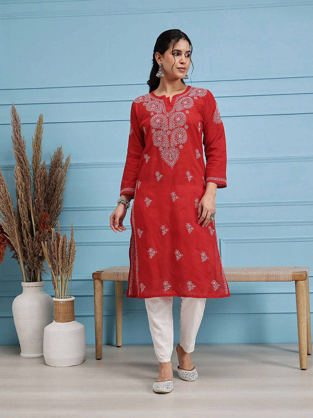 ADA Women Red & White Hand Embroidered Lucknowi Chikankari Straight  Handloom Kurta