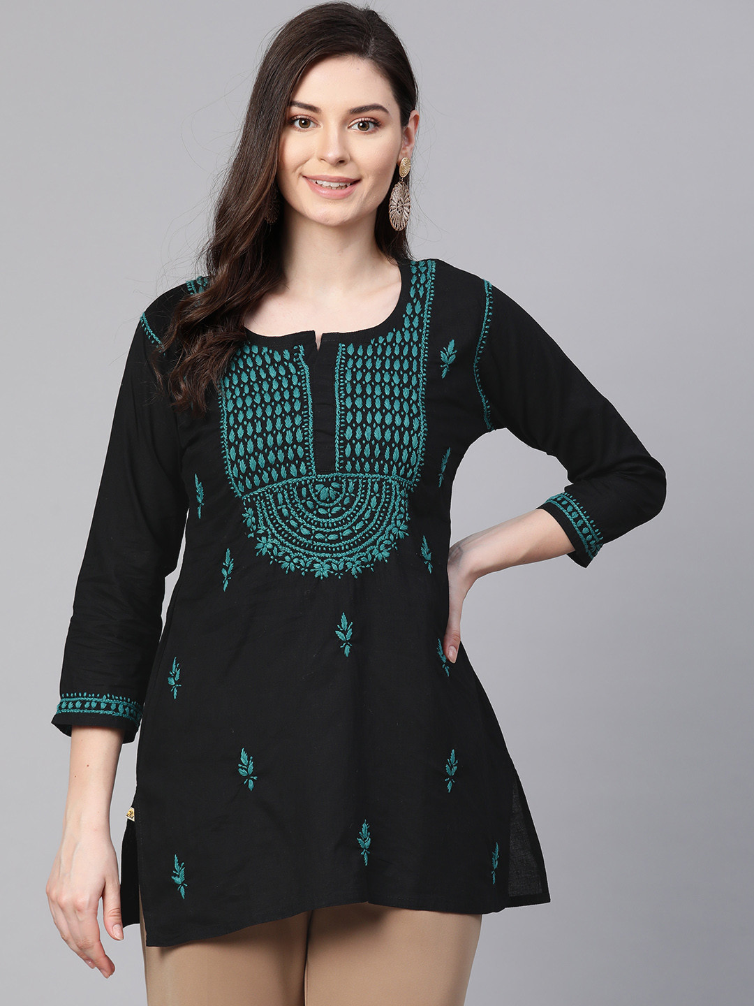 ADA Women Black & Green Chikankari Hand Embroidered Pure Cotton A-Line  Handloom Kurti