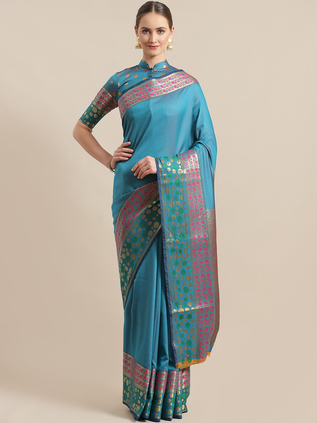 Saree mall Teal Blue & Green Woven Design Banarasi Saree