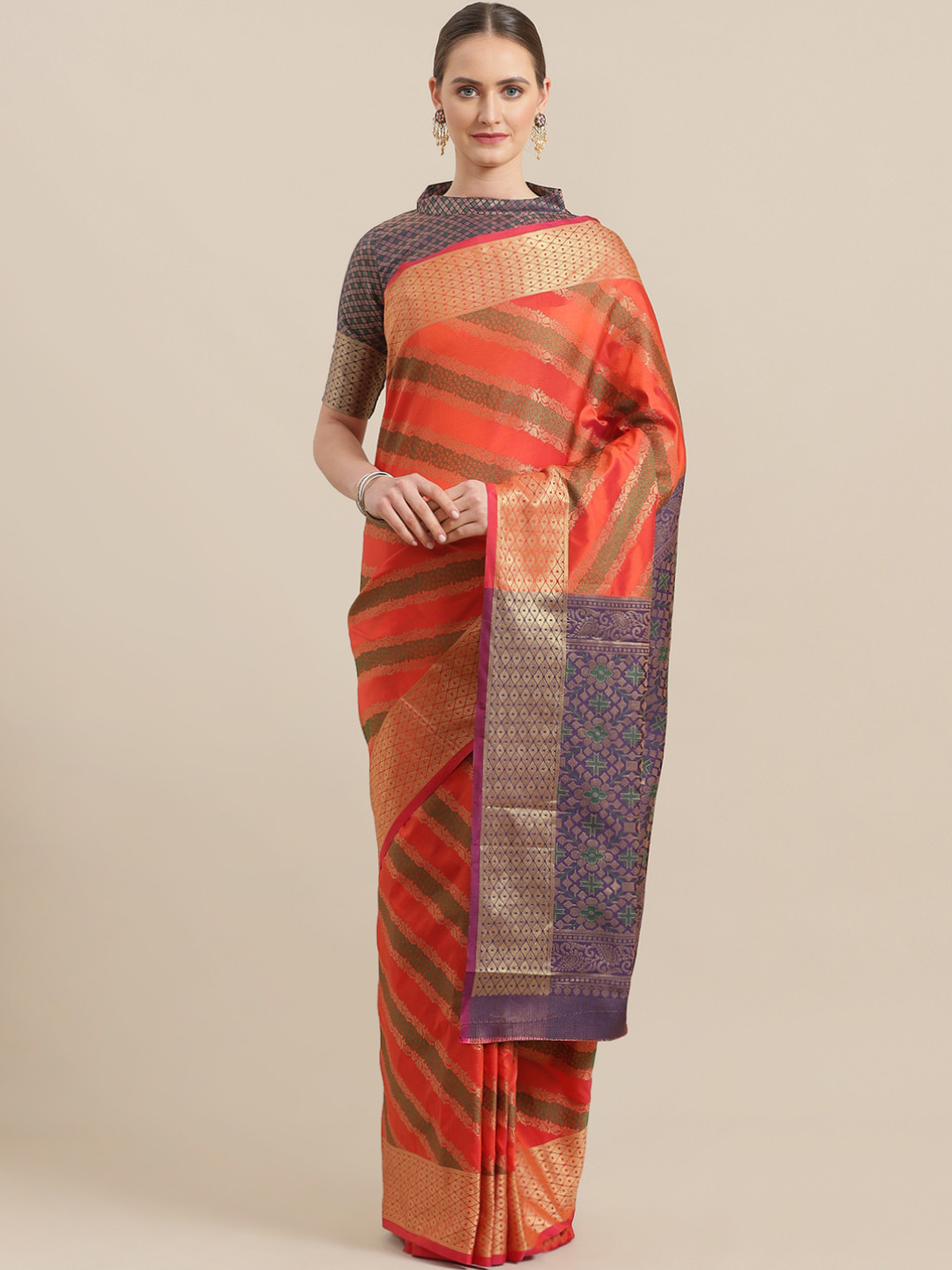 Saree mall Rust Red & Green Woven Design Banarasi Saree