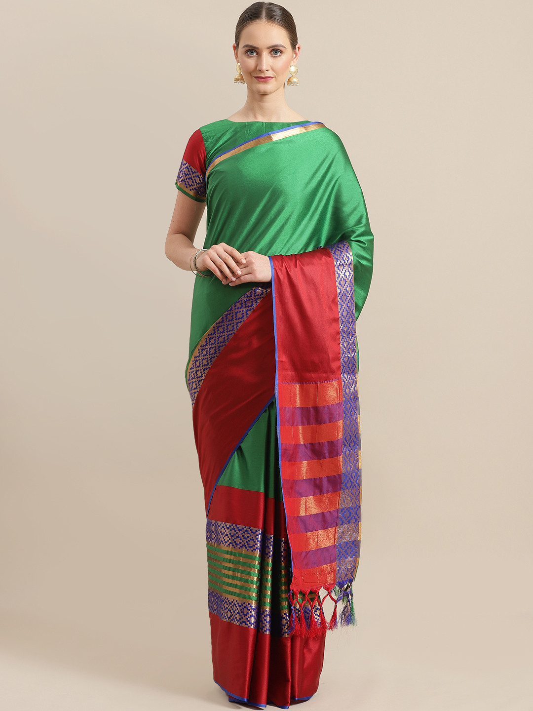 Saree mall Green & Maroon Solid Banarasi Saree