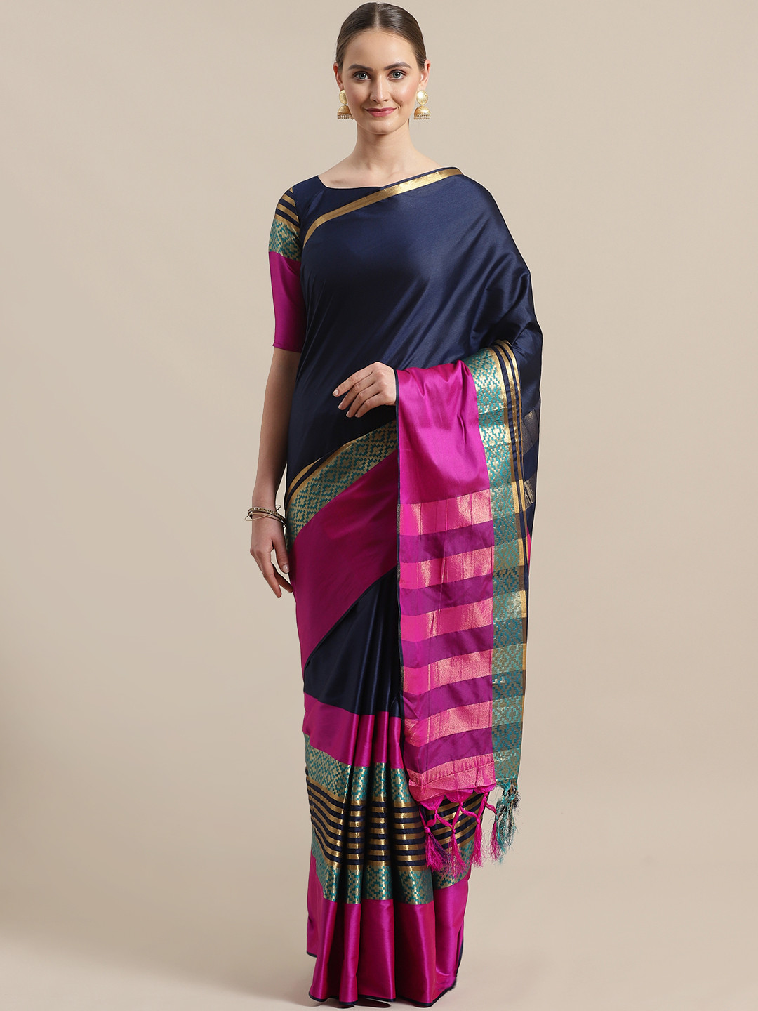 Saree mall Navy Blue & Pink Solid Banarasi Saree