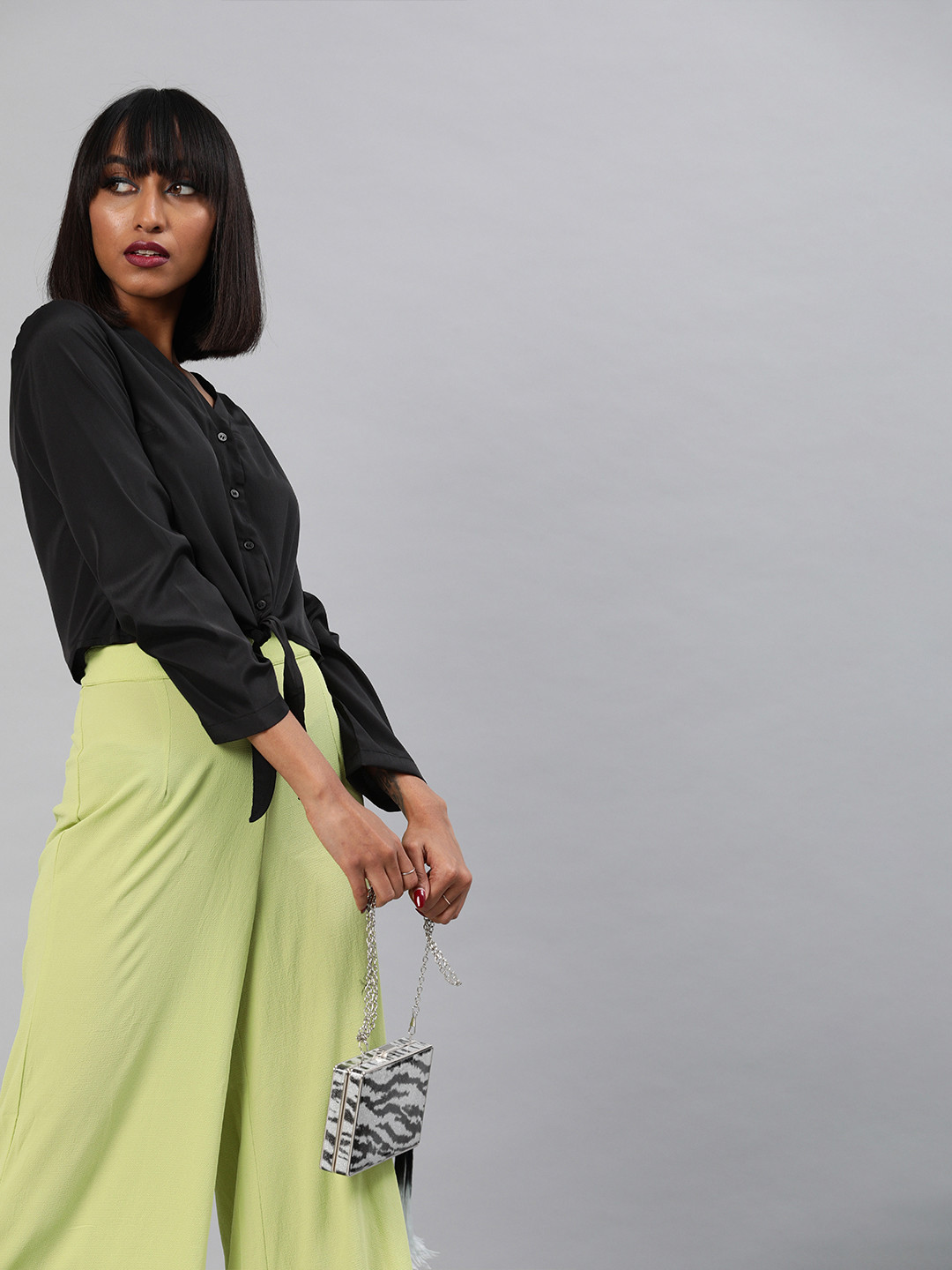 Sera Black Solid Cropped Shirt Style Top With Waist Tie-Ups