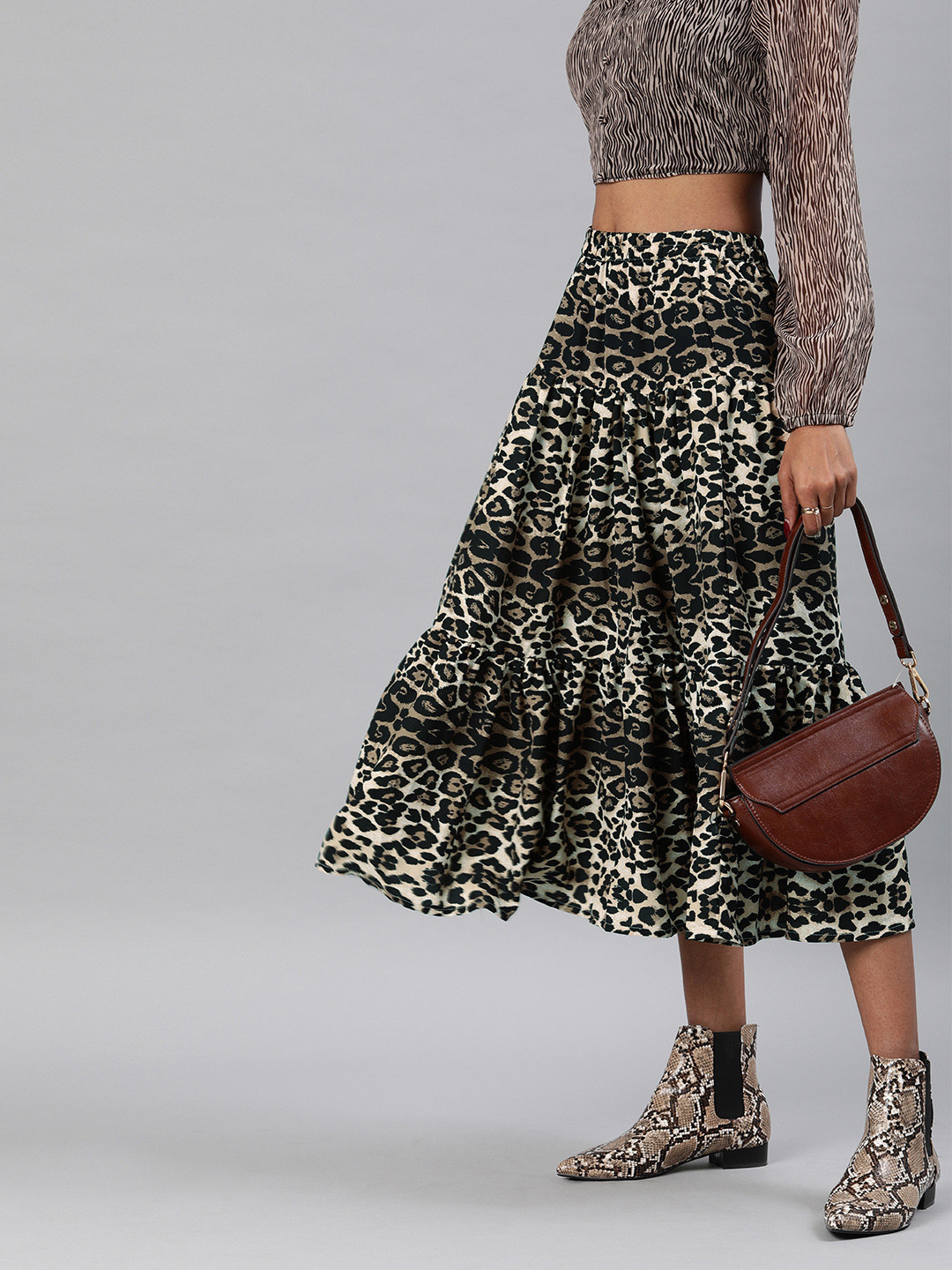 Sera Black & Beige Leopard Print Tiered Midi Skirt