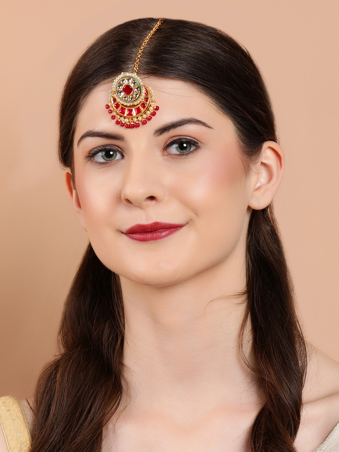 Rubans 18K Gold Plated Red & Off White Kundan Studded & Small Pearl Beaded Maang Tikka