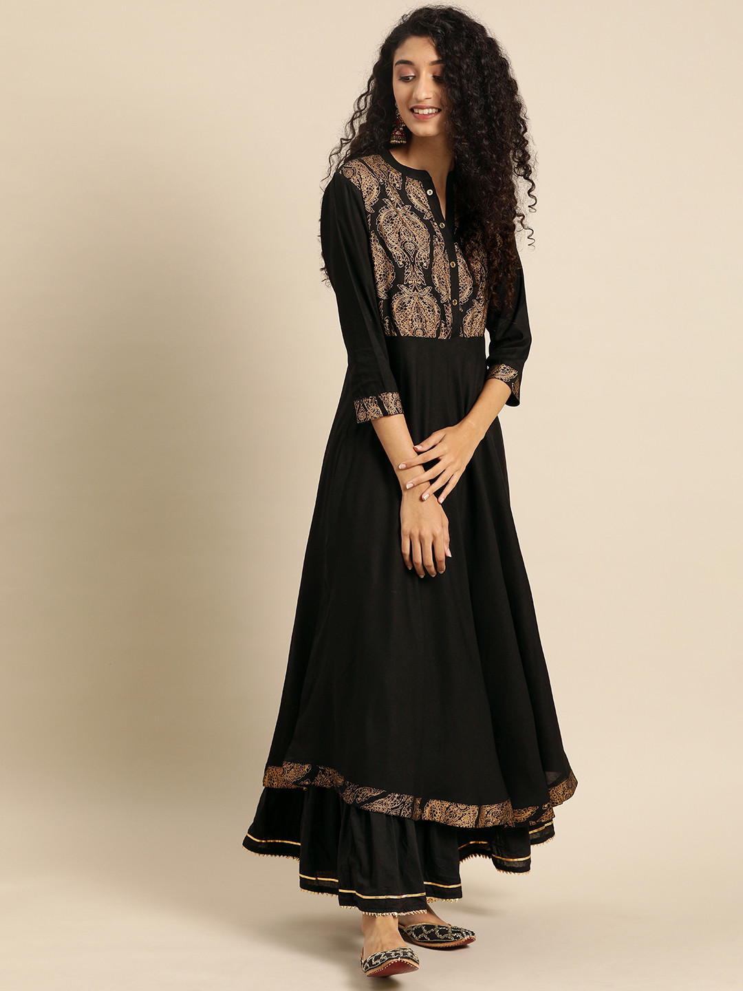 IMARA Women Black & Golden Printed A-Line Kurta