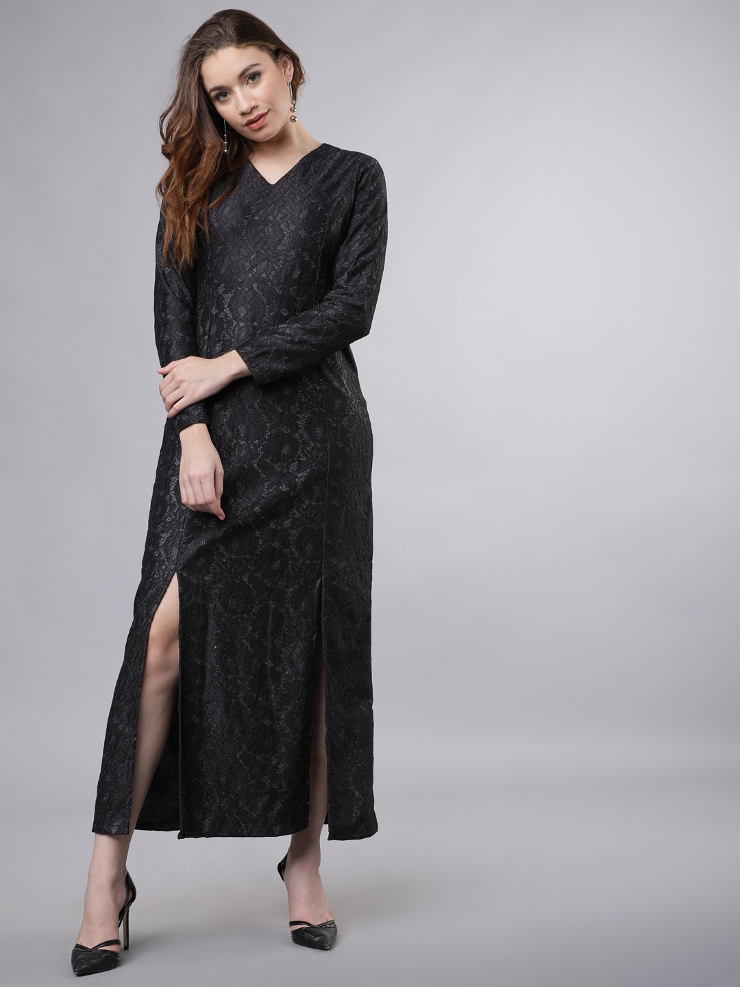 Buy Tokyo Talkies Women Black Self Design Maxi Dress Dresses for