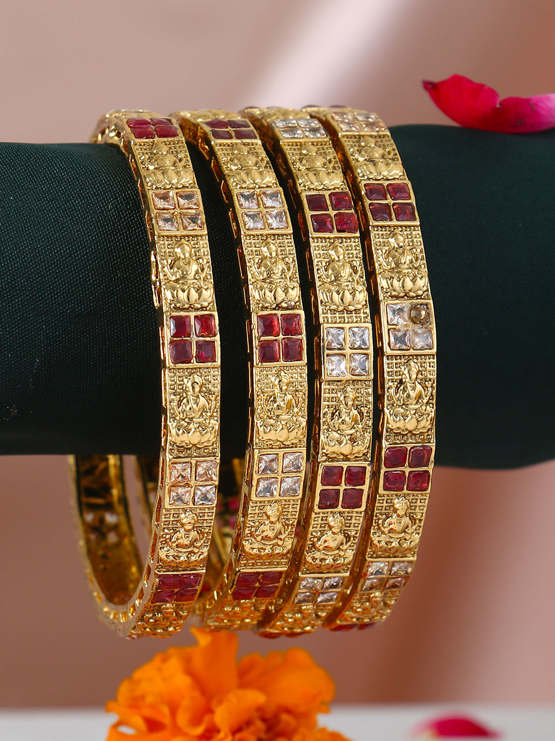 Adwitiya Collection Set of Four 24k Gold-Plated Pink & White Stone-Studded Handcrafted Bangles