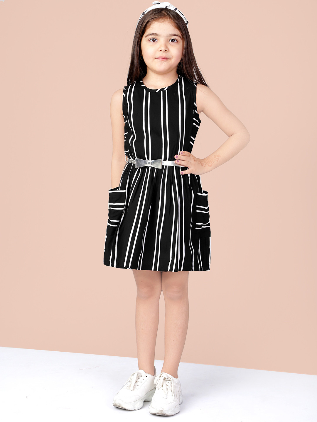 Naughty Ninos Girls Black & White Striped Fit and Flare Dress