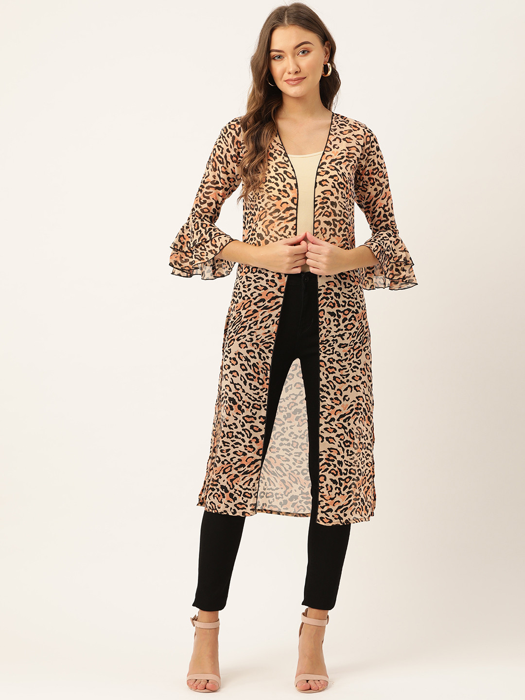 WISSTLER Women Beige & Black Leopard Print Open Front Shrug