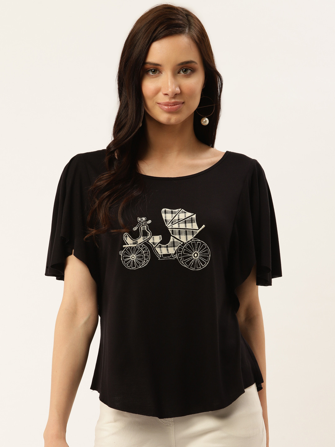 Taurus Women Black & Off-White Embroidered Detail Top