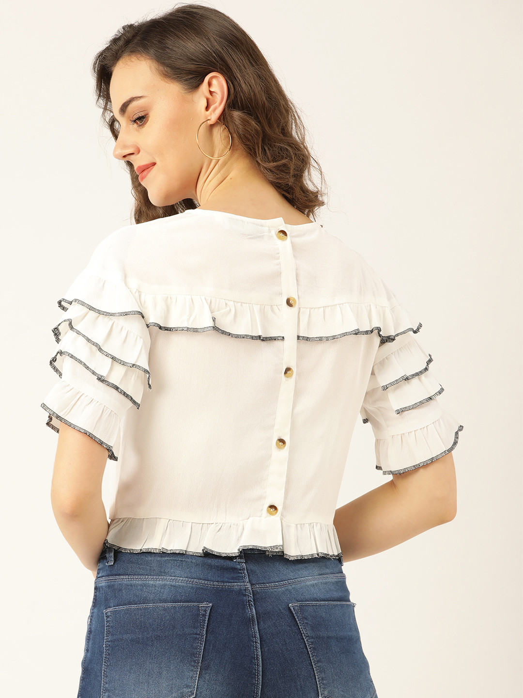 Marc Loire White Pleated Crop Top With Flared Sleeves