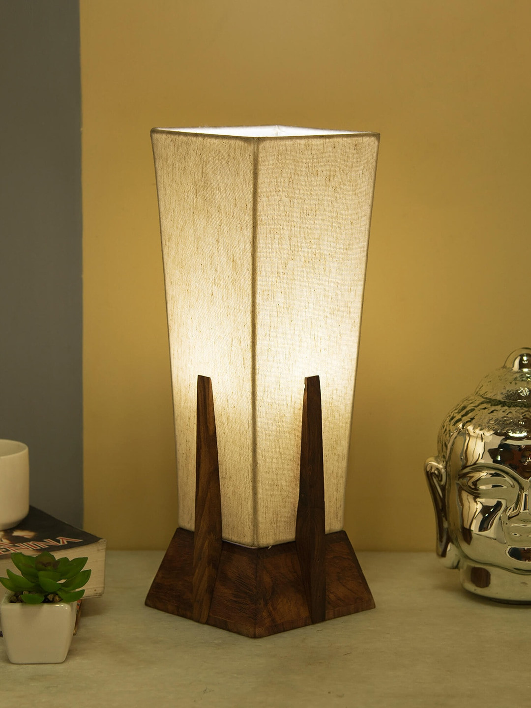Homesake Brown & Off-White Solid Handcrafted Sheesham Wood Column Table Lamp