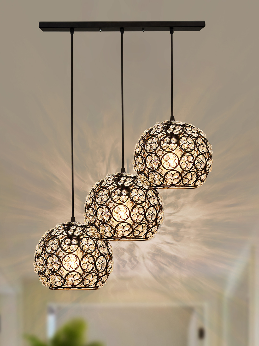 Homesake Black 3-Lights Textured Handcrafted Crystal Cluster Light