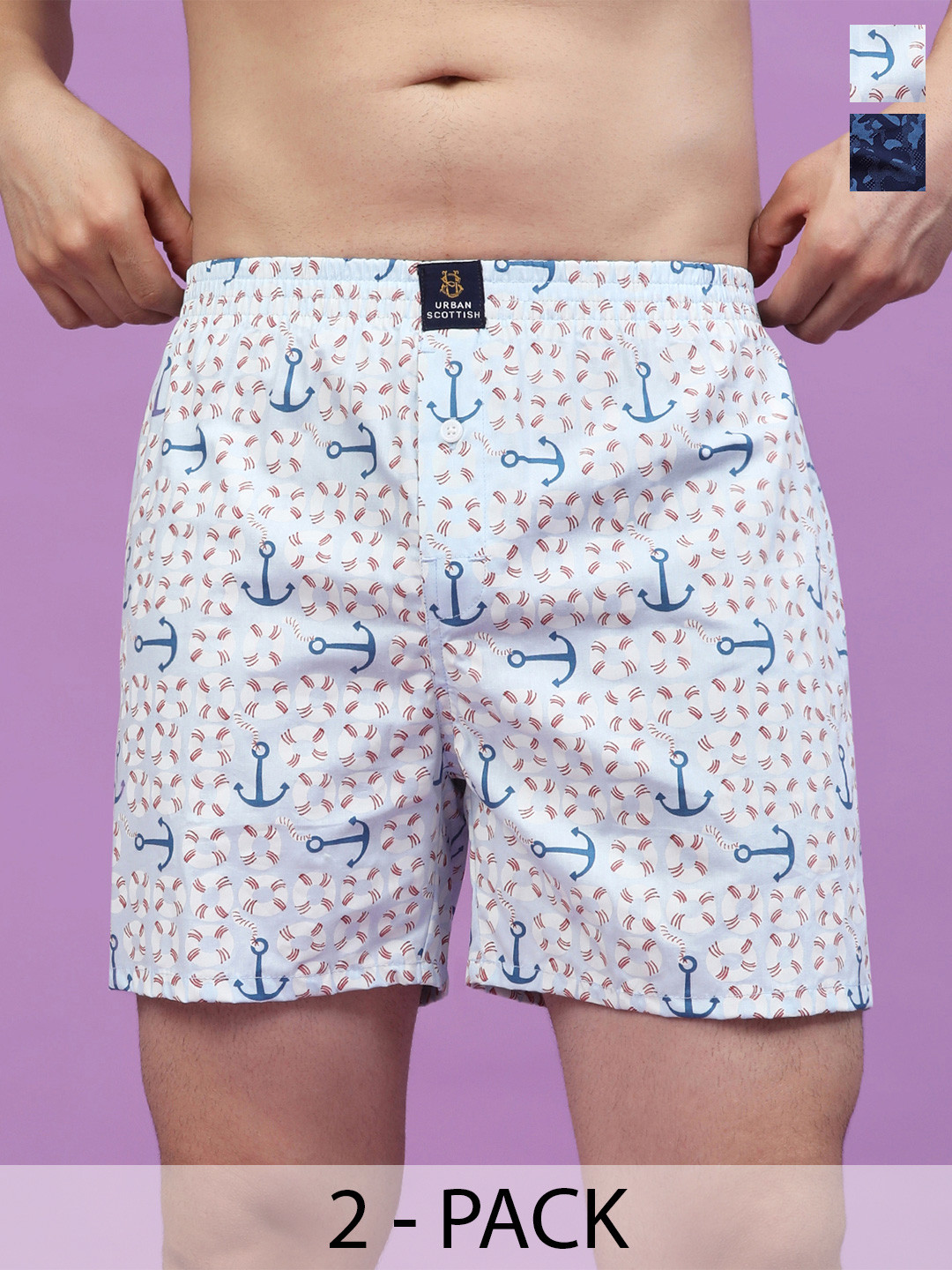 URBAN SCOTTISH Men Pack of 2 Blue Printed Pure Cotton Boxers USBX2029