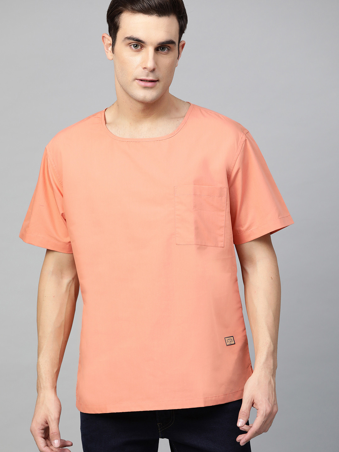 DENNISON Men Peach-Coloured Comfort Fit Solid Straight Kurta