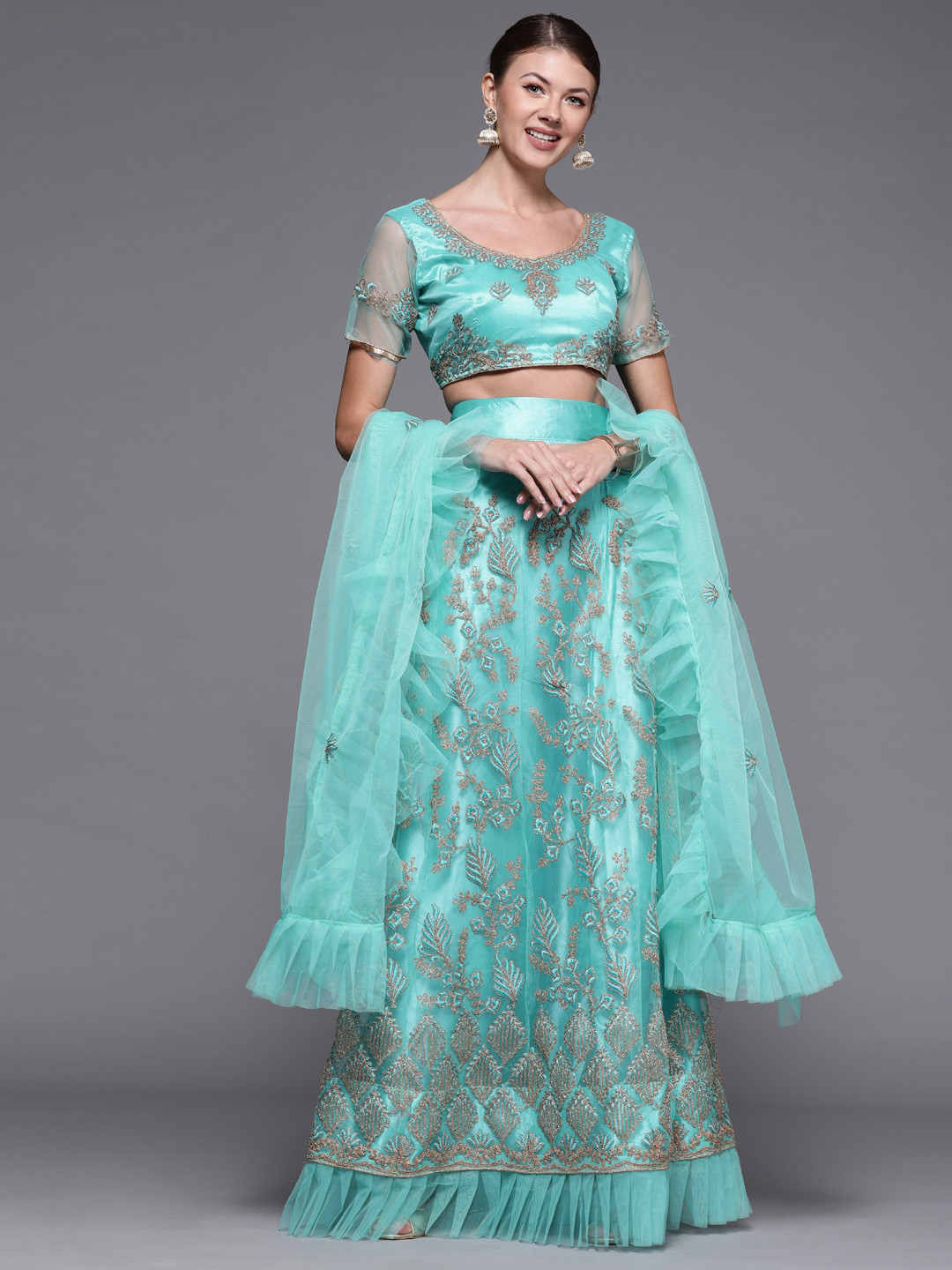 Mitera Turquoise Blue & Golden Embroidered Semi-Stitched Lehenga & Choli with Dupatta
