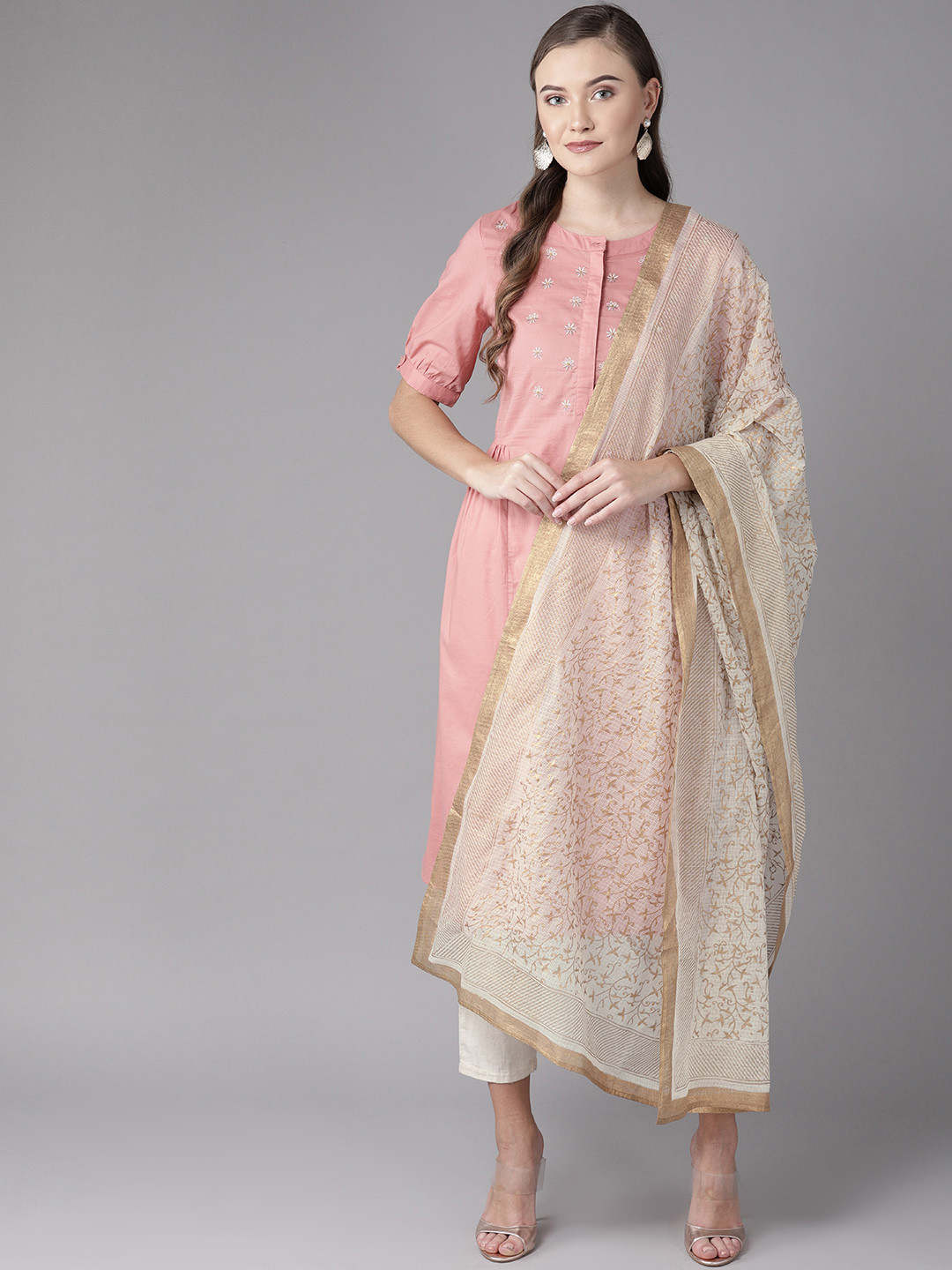 anayna Beige & Golden Kota Doriya Block Printed Dupatta