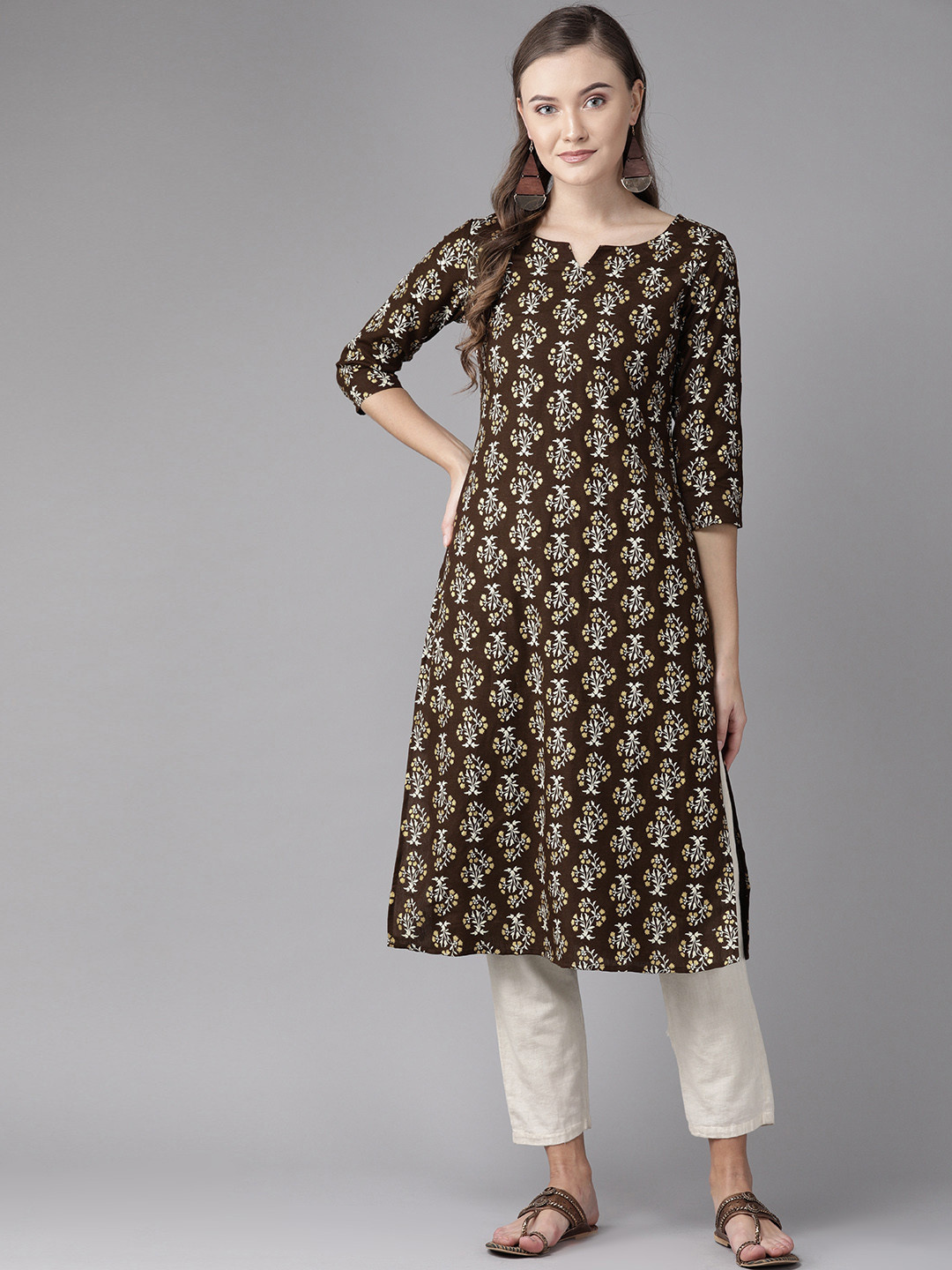 anayna Women Coffee Brown & Off-White Printed Straight Kurta