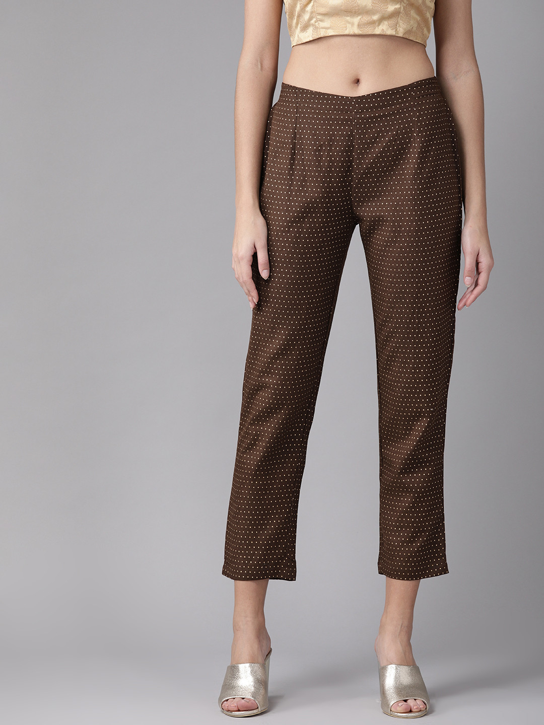 anayna Women Coffee Brown & Golden Regular Fit Printed Cropped Trousers