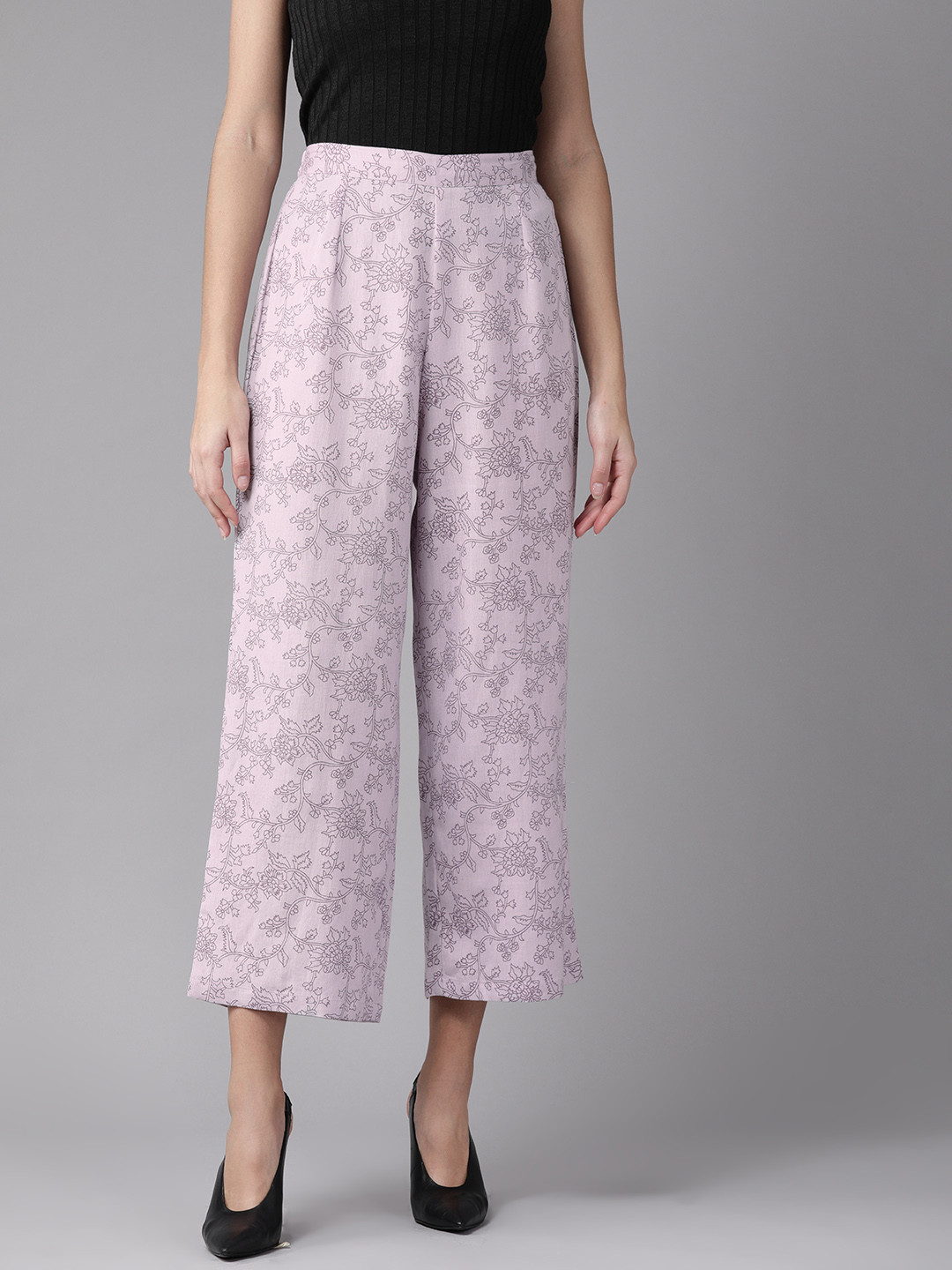 anayna Women Lavender Printed Straight Cropped Palazzos