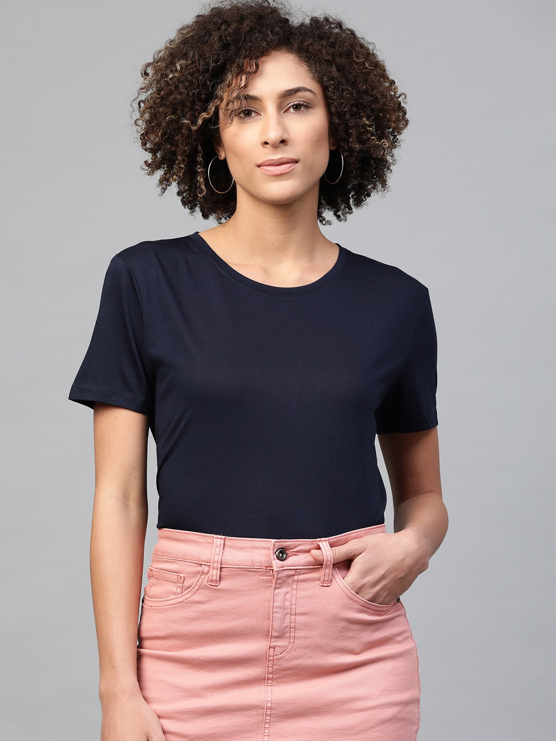 Marks & Spencer Women Navy Blue Solid Round Neck T-shirt