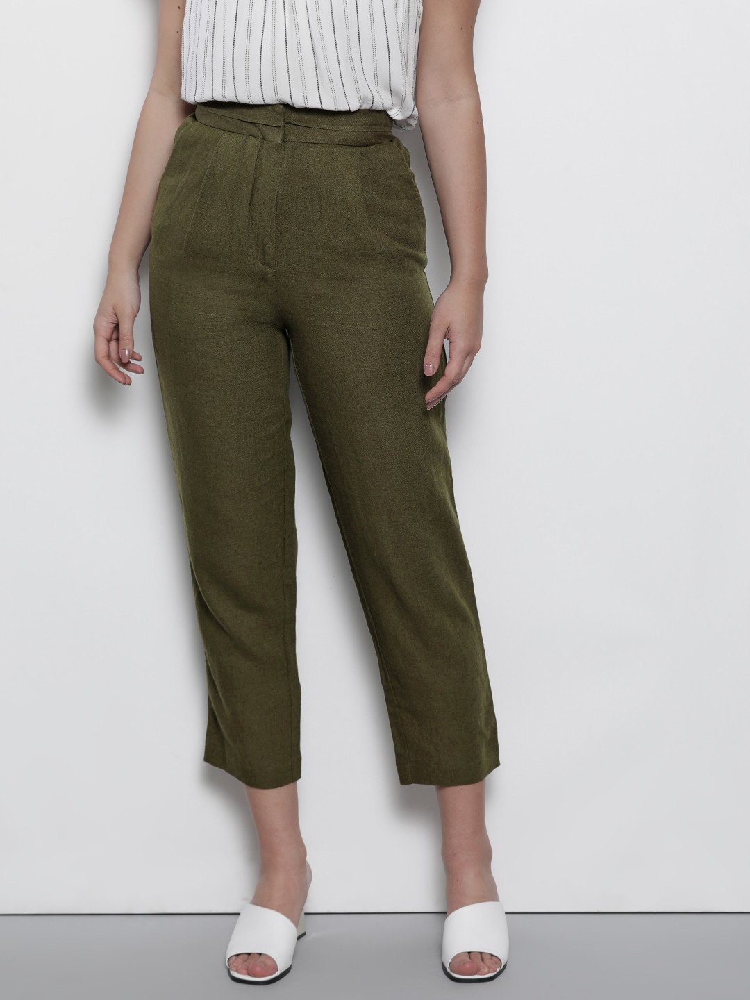 Marks & Spencer Women Olive Green Tapered Fit Solid Regular Cropped Trousers