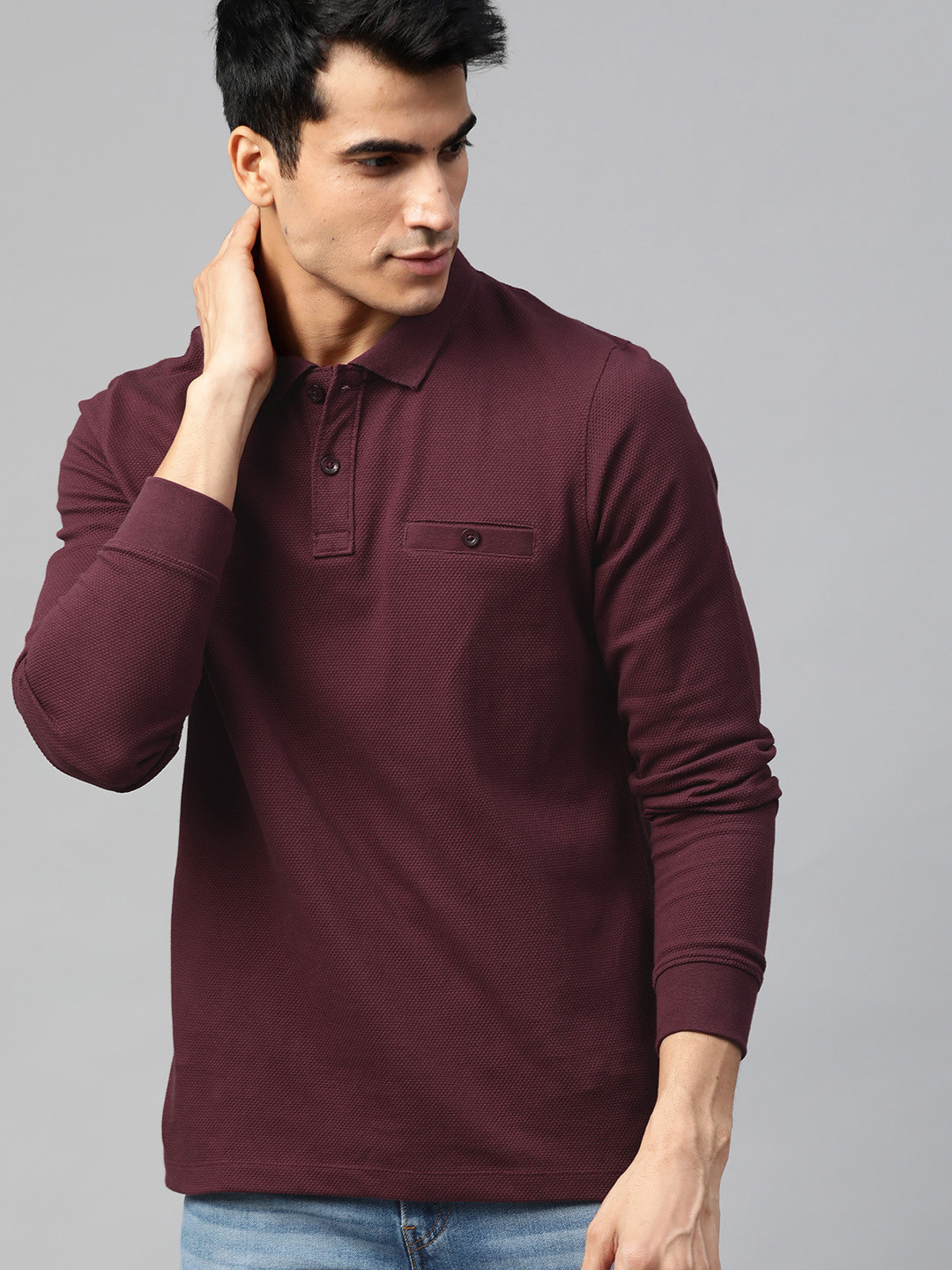 Roadster Men Maroon Self Design Polo Collar Pure Cotton T-shirt