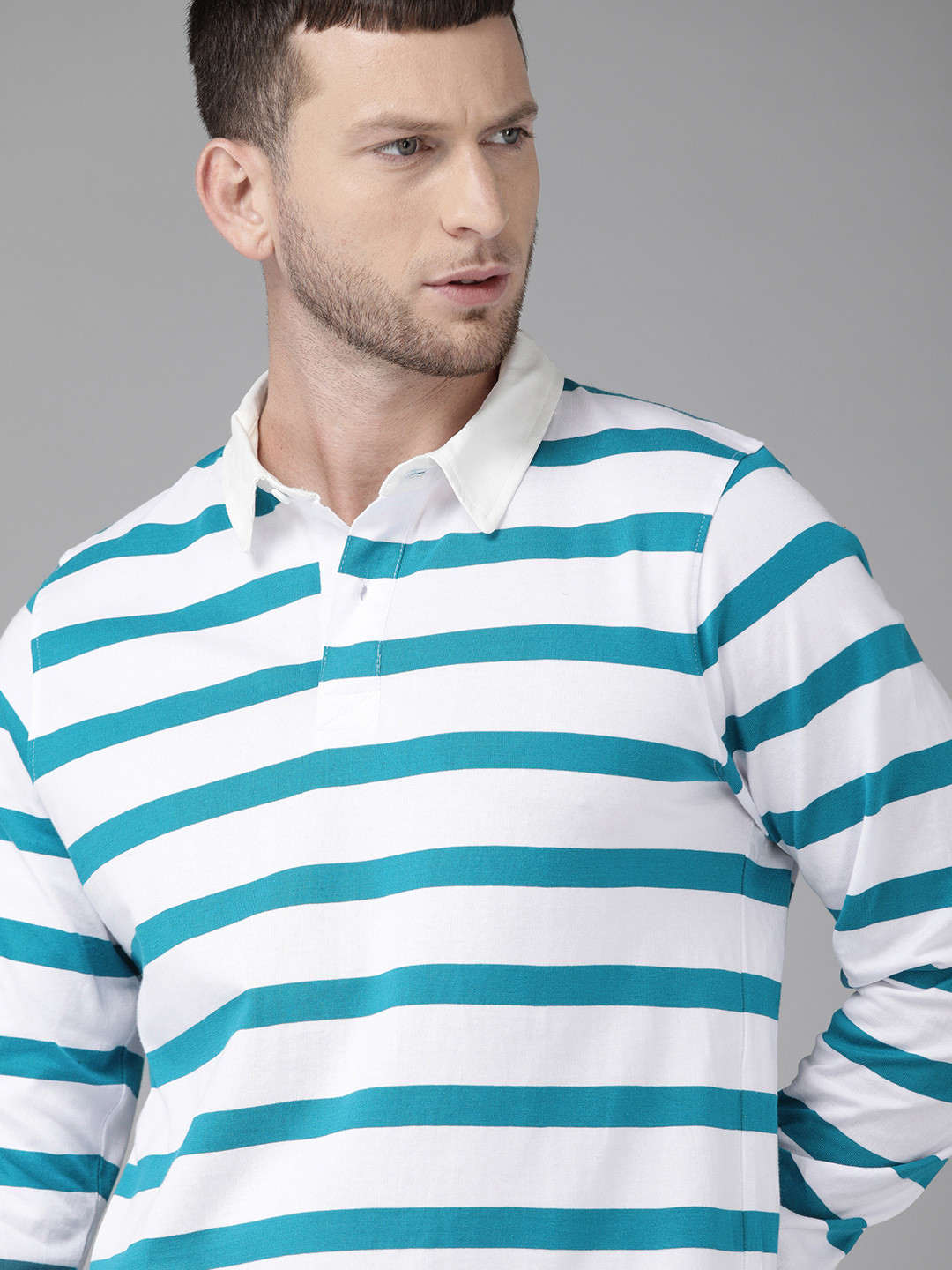 Roadster Men White  Turquoise Blue Striped Polo Collar Pure Cotton T-shirt