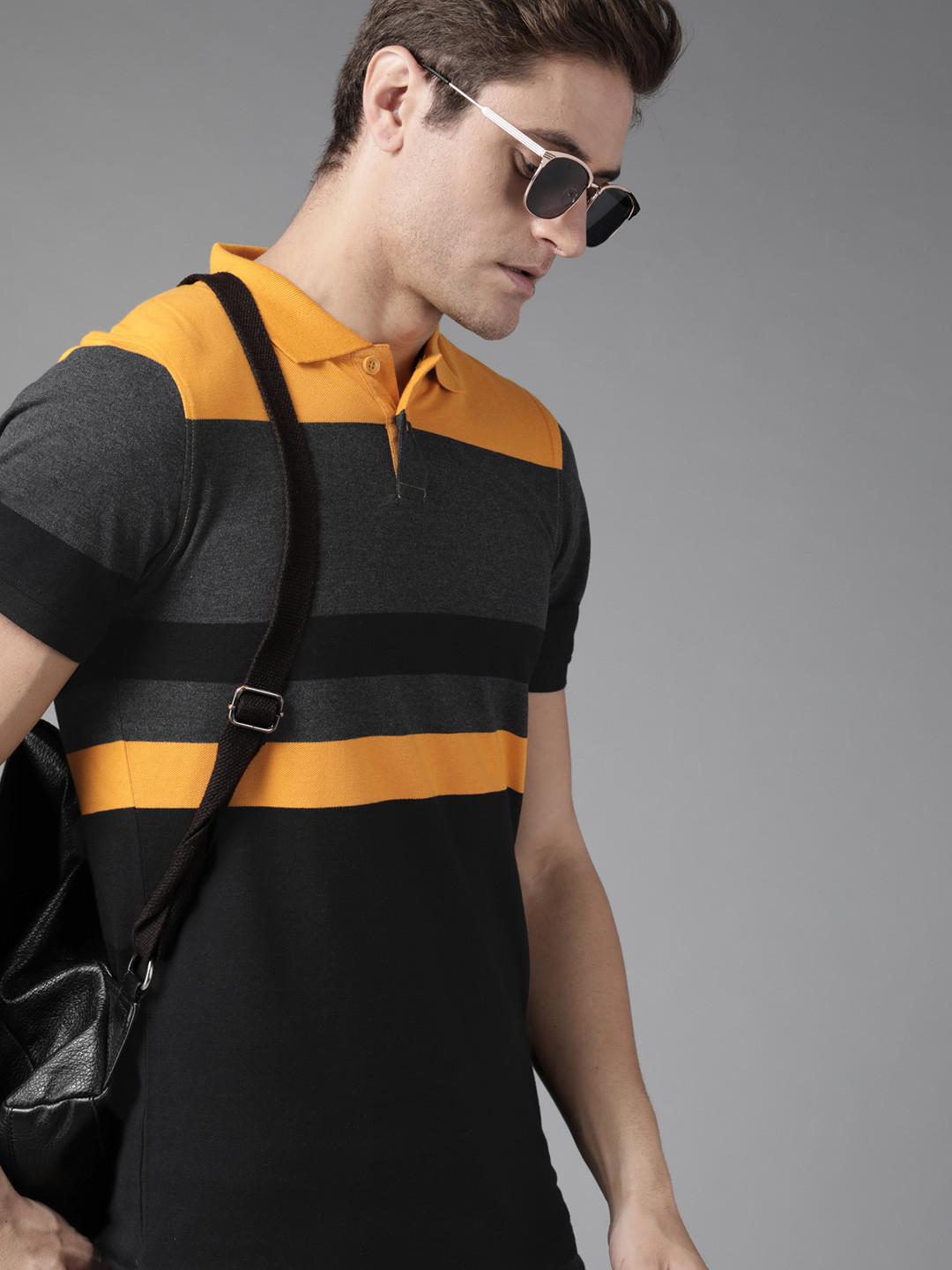 Roadster Men Black & Mustard Yellow Striped Polo Collar T-shirt