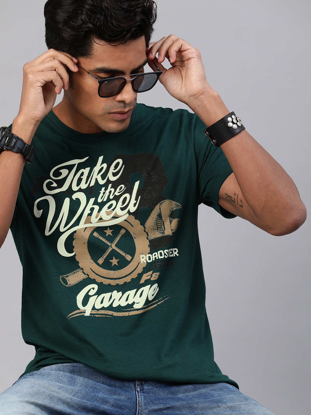 Roadster Men Fast and Furious Green Printed Round Neck  Cotton T-shirt