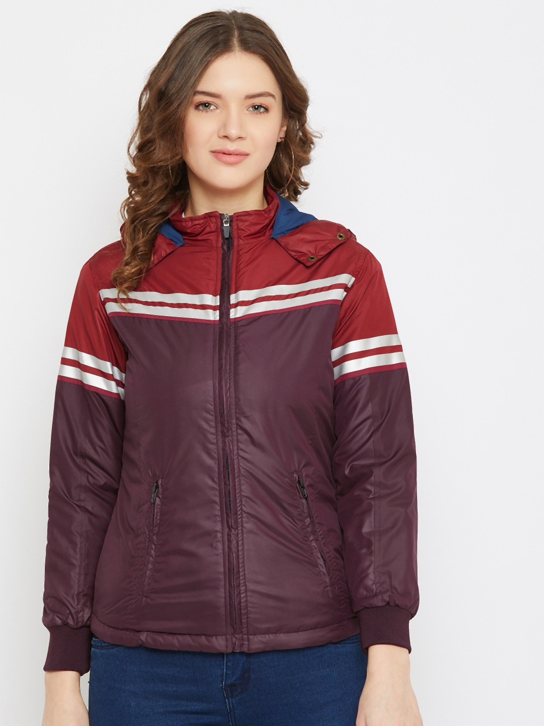 JUMP USA Women Maroon & Burgundy Colourblocked Padded Jacket